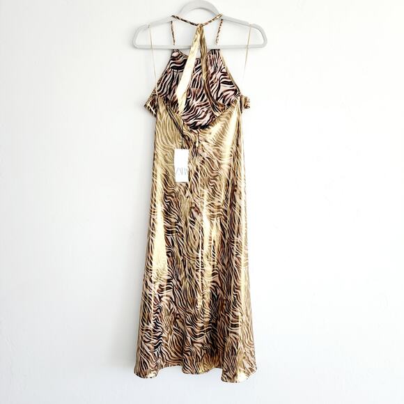 Zara Tiger Print Metallic Gold Midi Dress with Open Back Halter Top Size Small - Picture 7 of 11